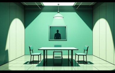 Leerer Verhörraum mit Tisch, Stühlen und düsterem Silhouettenbild